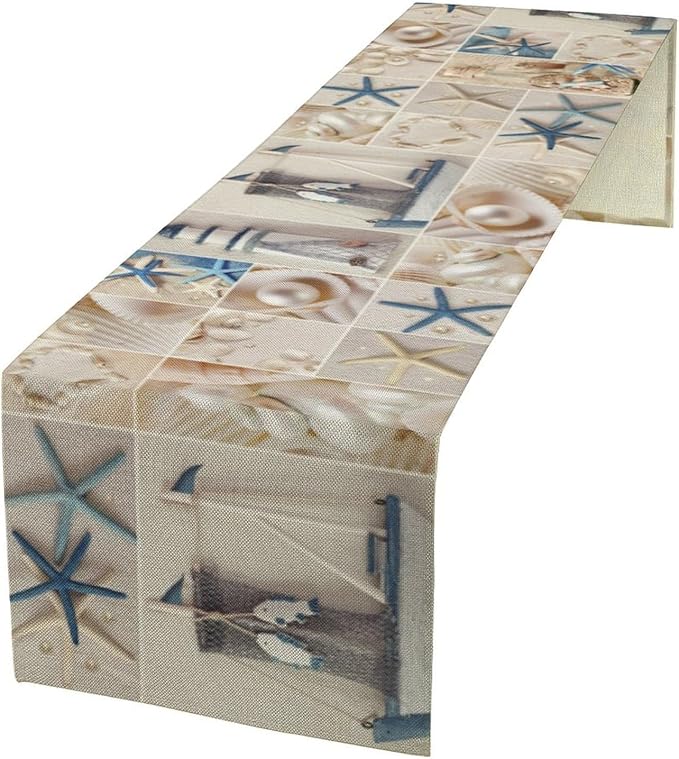 Nautical Table Runner Coastal Lighthouse Starfish Collage Plaid Art Printed Runner for Home Kitchen Dining Table Living Room Decor Fabric 1 Panel W13xL120in