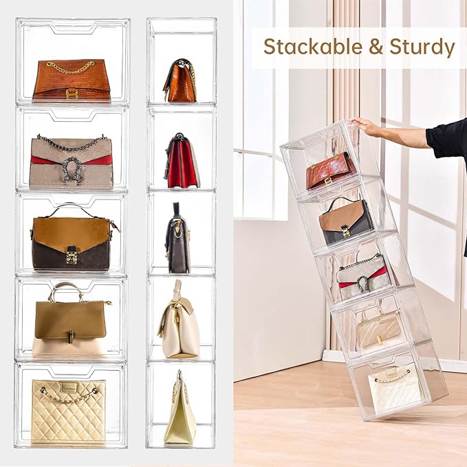 Freebat Stackable Storage Bins, Clear Acrylic Display Case, 5-Pack Acrylic Boxes with Lids, Clear Storage Containers Storage for Handbags, Collectibles & Figures