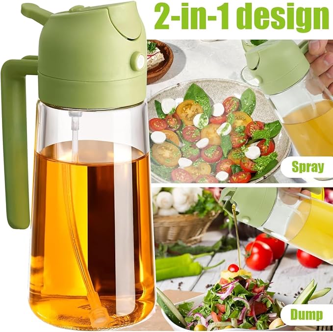 3 Pack 16oz/470 ml Olive Oil Dispenser Bottle 2 in 1 Clear Glass Oil Sprayer and Container Refillable Vinegar Dispenser with Automatic Cap Portable Spray Bottle for Cooking Baking Green