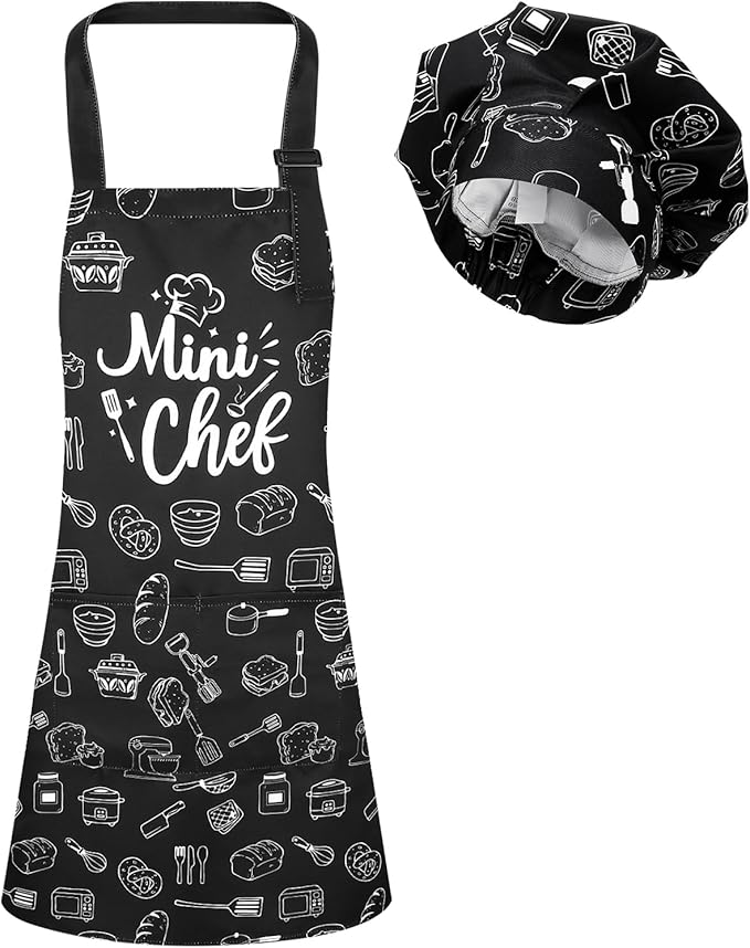 Kids Apron and Chef Hat Set, Funny Apron with 2 Pockets, Adjustable Kids Aprons for Cooking for Boys and Girls