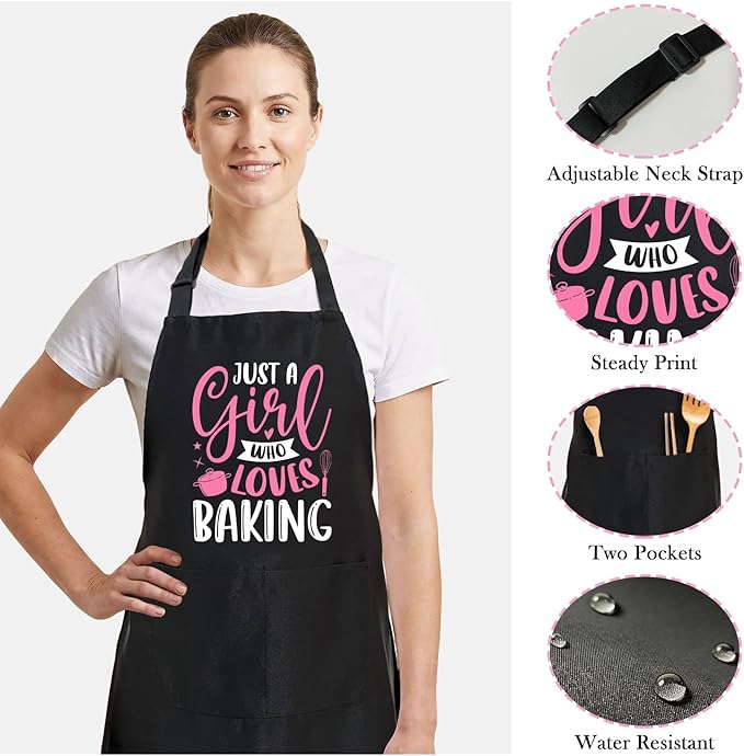 Black Baking Aprons for Women, Adjustable Cooking Baking Kitchen Aprons for Mom Chef with Pockets