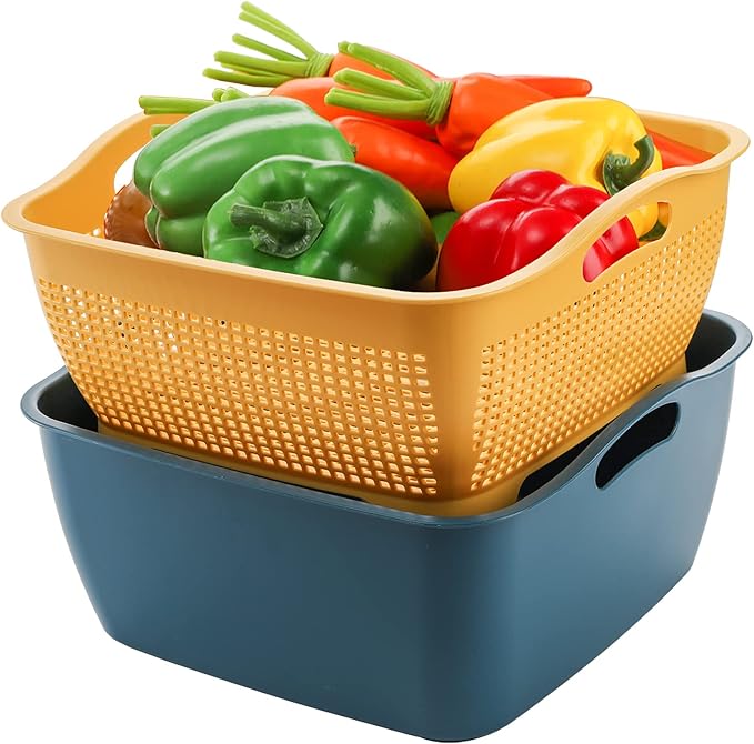 Jucoan 2 Pack 9 & 8 Quart Large Kitchen Strainer Colander Bowl Set, Double-Layer Plastic Fruits Vegetable Washing Basket, Drain Bowls for Cleaning Washing Mixing, Detachable (Blue, Orange)