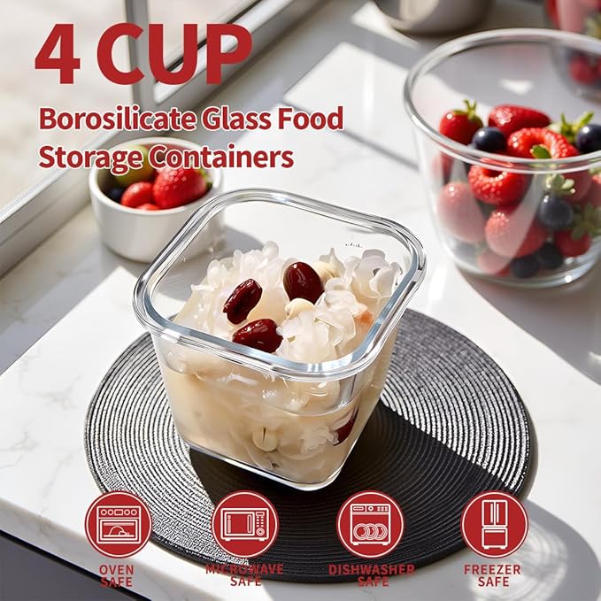 H.JSS WDJS 4 Cup Square Glass Food Storage Container with Lids, Square Glass Soup Container with Airtight Lids, 32 OZ Food Prep Bowls for Leftovers, Salad, Microwave、Fridge、Dishwasher Safe (4 Pack)