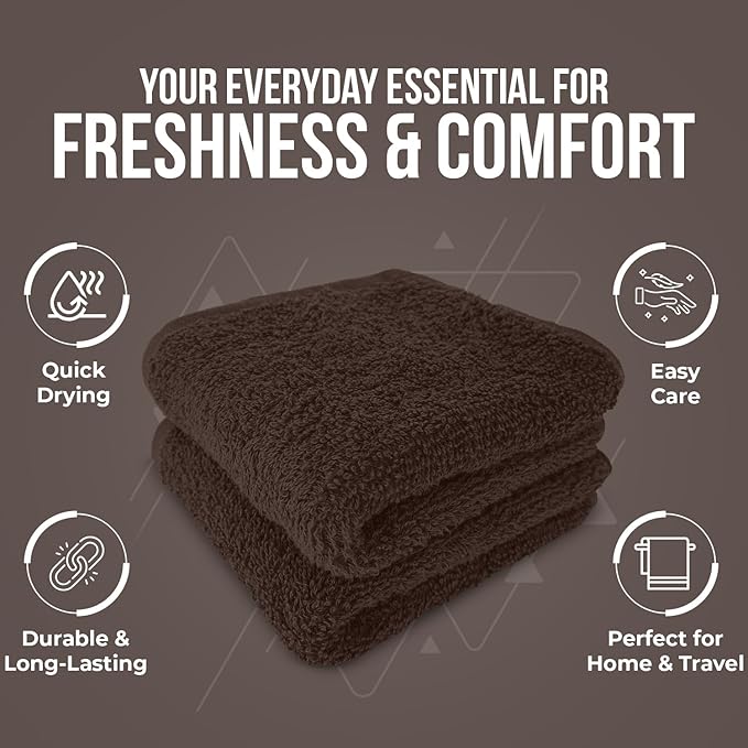 DAN RIVER 12 Pack Wash Cloths for Showering [12x12] - 100% Cotton Washcloths Premium Quality Flannel Face Cloths for Bathroom, Highly Absorbent and Soft Feel Wash Clothes, Brown