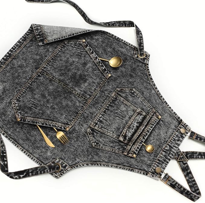 Jeanerlor - Denim Apron with Pockets for Hair Stylist Gardening Craftsmen Barista Women Hairdresser Jean Work Apron Cross Straps & Adjustable S to L (Black)