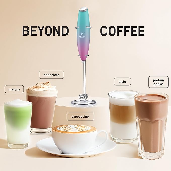 Zulay Kitchen Powerful Double Whisk Milk Frother Handheld - Foam Maker With Stand - Whisk Drink Mixer for Coffee, Mini Foamer for Latte, Matcha, Frappe, Hot Chocolate & Cappuccino - Orchid Fade