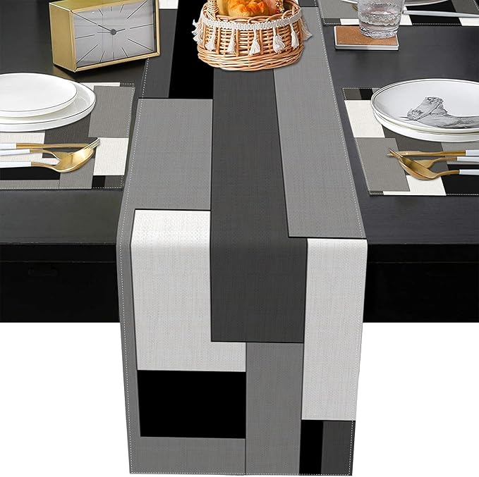 ArtSocket Geometric Table Runner and Placemats Set of 6, White Black Grey Abstract Painting Art Dining Decor for Daily Use(1 Table Runner 72 inches Long and 6 Placemats)