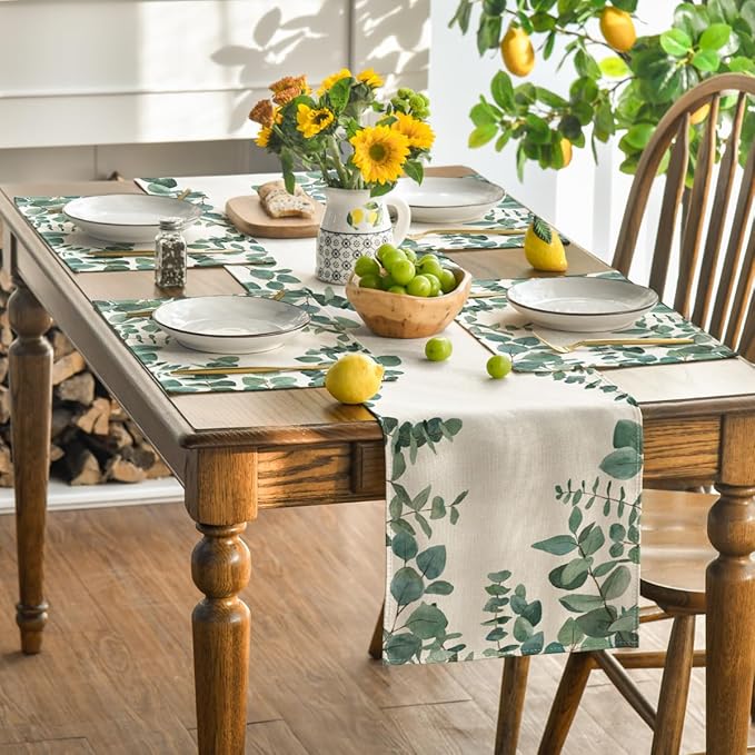 Artoid Mode Eucalyptus Leaves Summer Placemats for Dining Table, 12 x 18 Inch Spring Seasonal Holiday Rustic Vintage Washable Table Mats Set of 4 Green
