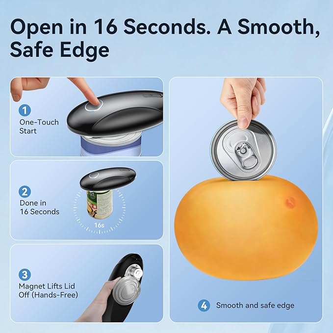 Rechargeable Electric Can Opener for Seniors & Arthritis, Automatic One-Touch Operation, Smooth Edge Cutting with Auto Stop & Magnetic Lid Lifter, Hands-Free, USB-C, Compact, Black