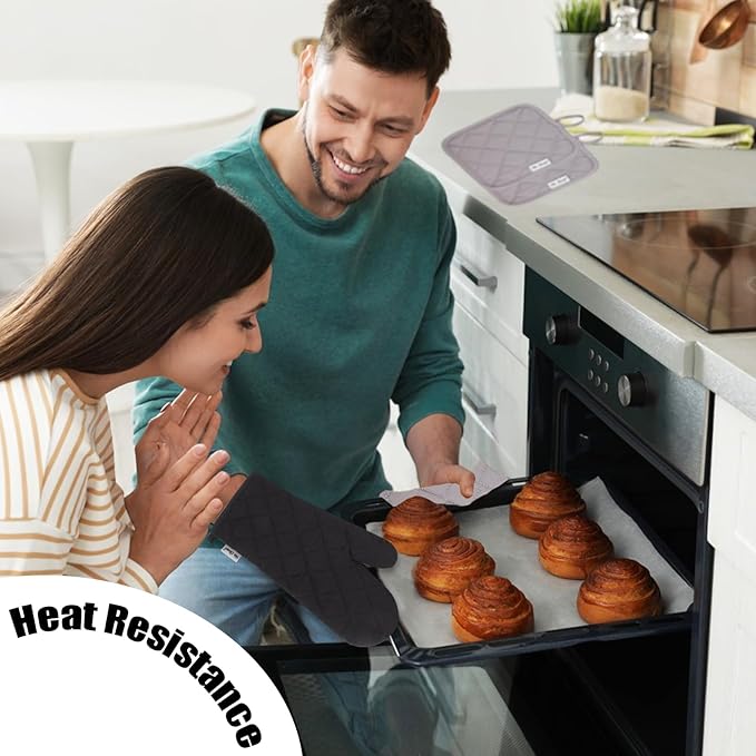 Oven Mitts and Pot Holders Sets,6 Pcs Oven Mitts and Potholders with Recycled Cotton High Heat Resistant Extra Thick Long Oven Mitts for Cooking(Black)
