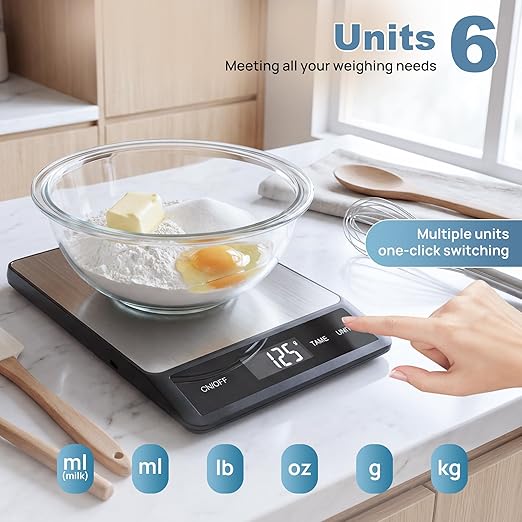 33LB/15KG Digital Kitchen & Food Scale – Waterproof Stainless Steel, USB Rechargeable, 1g Precision, Tare Function for Cooking, Baking, Meal Prep
