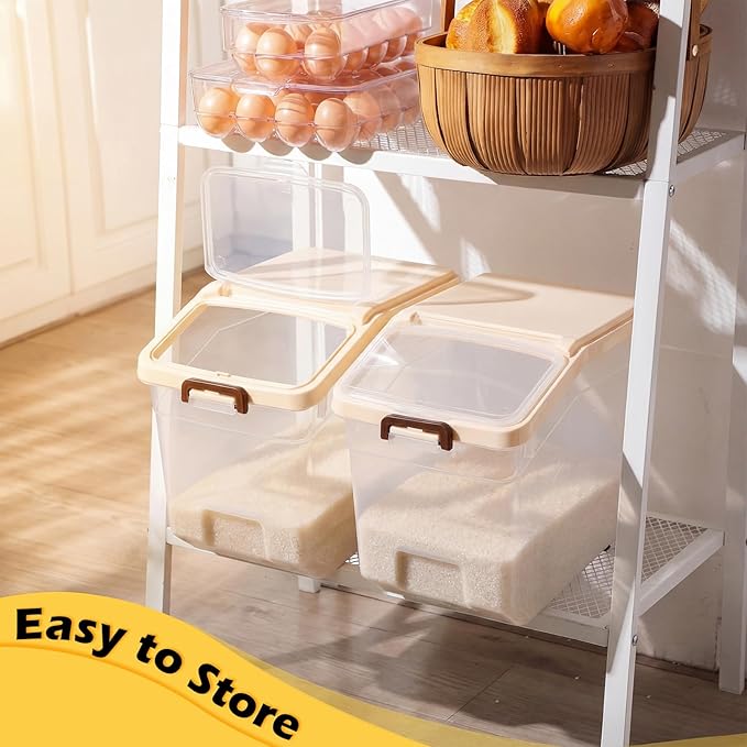 Sunnyray 4 Pcs Rice Storage Containers Bulk Flour Sugar Container Wheels Measuring Cups Set Airtight Pet Dog Cat Birds Food Bin Grain Cereal Organizer Box for Dry Baking (Beige,38 lb)