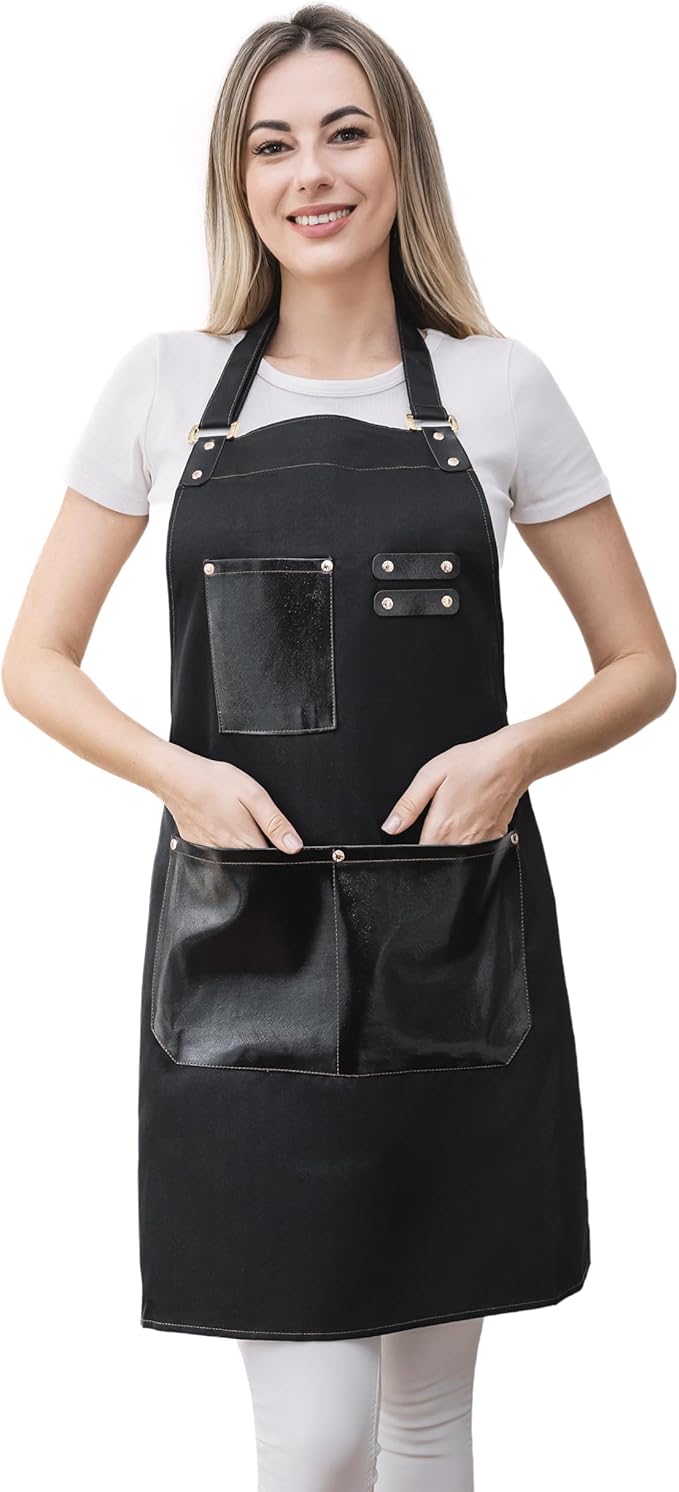 Barista Tools Apron for Women Hairstylists Servers Waterproof Canvas Kitchen Apron with 3 Pockets for Cooking Gardening