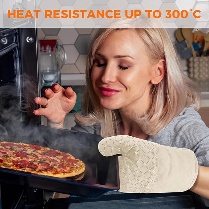 4PCS Oven Mitts and Pot Holders Sets 500°F Pot Holders for Kitchen Heat Resistant Oven Gloves Anti-Slip Silicone Stripe Oven Mitts Heat Resistant Hot Pads Oven Mits Potholders for Kitchens Khaki