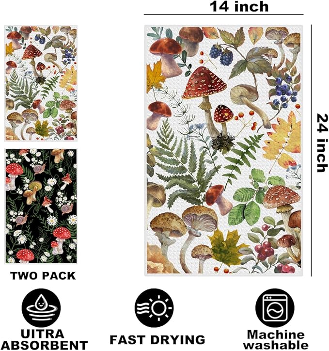 2Pcs Mushroom Kitchen Towels, Cute Botanic Floral Tea Towel Decorative Reusable Dish Hand Towels Mushroom Gifts for Cleaning Drying Women Mom Housewarming Gifts 14 x 24 Inch Kitchen Home Decor