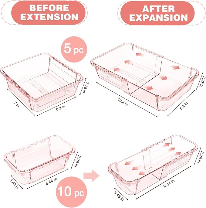 15 Pcs Extendable Clear Drawer Organizer, All Adjustable Vanity Storage Box, 2-Size Desk Drawer Organizer, Acrylic Storage Bins for Makeup, Bedroom Dressers Tool Organizer for Gadgets, Pink