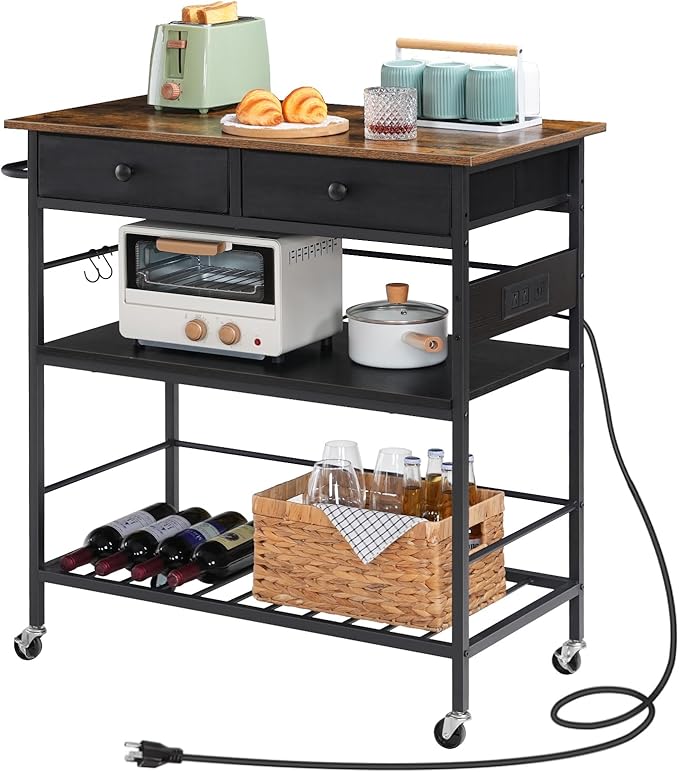 HOOBRO Kitchen Island with Storage, Rolling Island Cart for Kitchen with 2 Drawers & Outlet, 3 Tier Coffee Station and Microwave Stand, Kitchen Island Table for Home, Rustic Brown and Black FB08UZD01