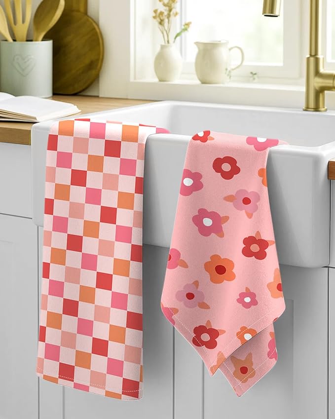 Miss Adola 2 Pack Flour Sack Kitchen Towels - 16x26 Inch Cotton Dish Towels with Hanging Loop Reusable Geometric Boho Modern Retro Tea Towel Absorbent Dishcloths Home Decor, PK Checkered Flower