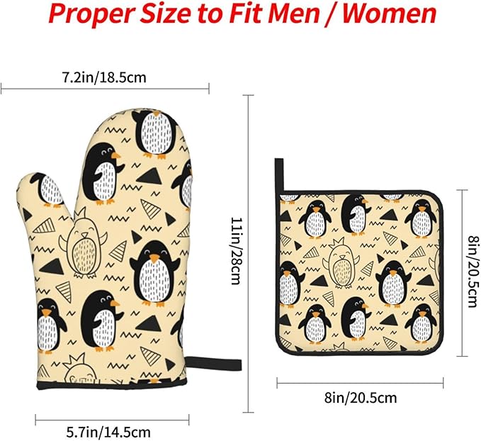 Cute Penguin Oven Mitts and Pot Holders Sets Kitchen Oven Gloves BBQ Gloves Pot Holders for Cooking Baking