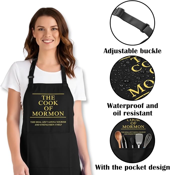 Cook of Mormon LDS Apron – Waterproof, Adjustable Neck Strap, Large Pocket, Funny Kitchen Apron for BBQ or Home Use