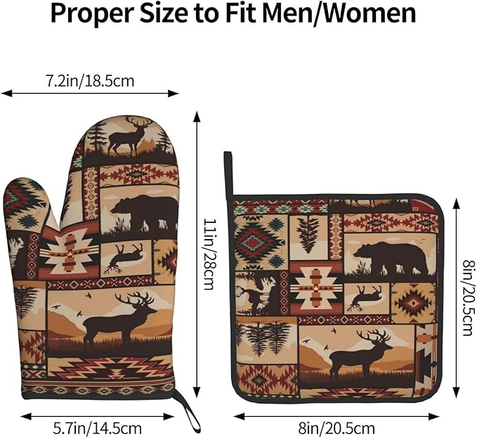 3 - Piece Brown Rustic Wildlife Oven Mitts & Pot Holders Sets, Cute Decorative Heat Resistant Kitchen Gloves and Hot Pad for Cooking Baking BBQ, Gifts for Outdoor Nature Lovers Baker Camper Stuff