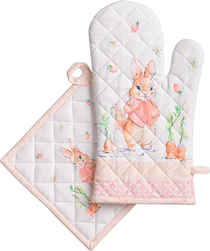 Maison d' Hermine 100% Cotton Oven Mitt & Pot Holder Set (7.5"x13" & 8"x8") Heat Resistant BBQ Cooking Gloves with Loop Baking Grilling Kitchen Gifts for Mothers Day Spring/Summer (Bunny Party)