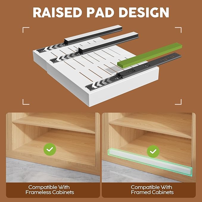 Seinloes 2 Pack Expandable Pull Out Cabinet Organizer 16.5"Deep with Raising Pad for Framed Cabinets,Upgrade 3 Slide Rails Slide Out Drawers,Roll Out Shelves Adhesive,Adjustable Width 12.2"-20.4"White