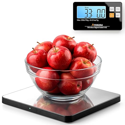Atogou Upgraded Wireless Food Scale, 33lb/15kg Kitchen Scale with Detachable Display & Larger Platform, 0.1oz/1g, 9 Units, Counting Function, Stainless Steel, for Cooking, Baking, Shipping, Silver