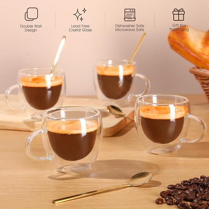 VENVENWEAVS Espresso Cups Set Of 4,Double Wall 5OZ Hand Blown coffee Shots Glass,Espresso Coffee Mugs In Gift Box,Perfect For Espresso,Latte,Cappuccinos,Tea Bag,Juice