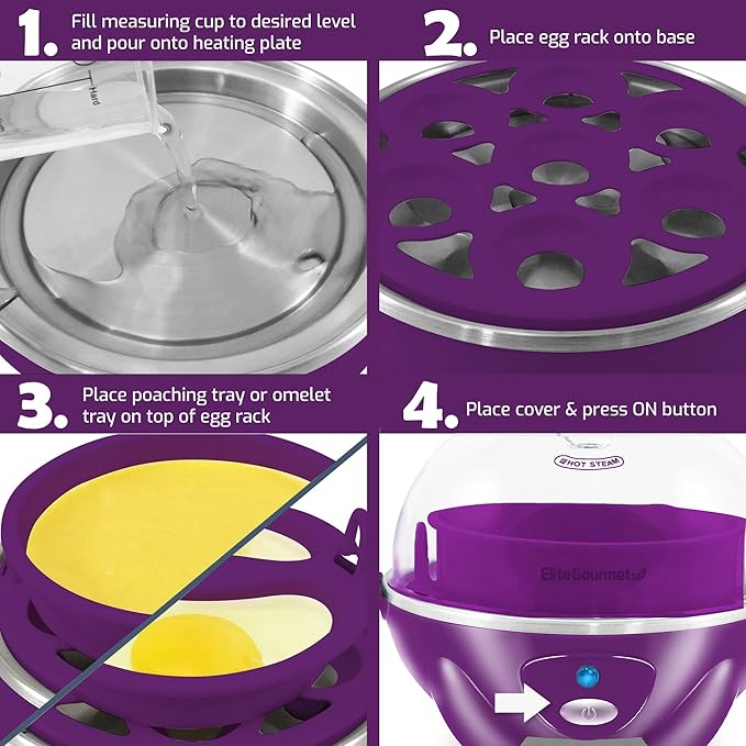Elite Gourmet EGC700P# Rapid Egg Cooker, 7 Easy-To-Peel, Hard, Medium, Soft Boiled Eggs, Poacher, Omelet Maker, Auto Shut-Off, Alarm, 16-Recipe Booklet, BPA-Free, Eggplant
