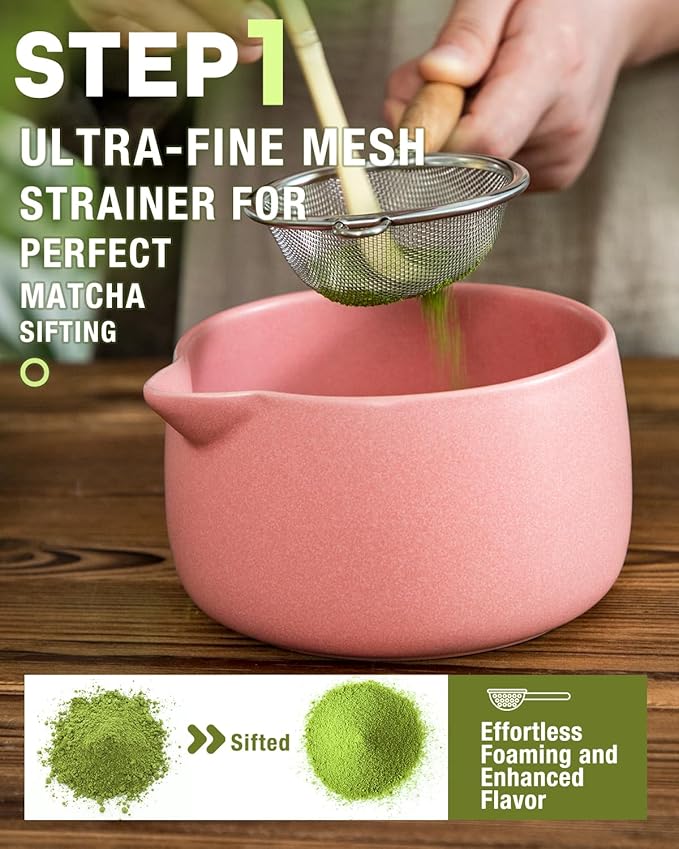 20OZ Matcha Whisk Set - 5PCS Matcha Set Includes Macha Bowl with Spout, Bamboo Whisk with Ceramic Holder, Bamboo Scoop and Sifter, Matcha Kit for Ceremony, Gift for Matcha Lovers (Blush Pink)
