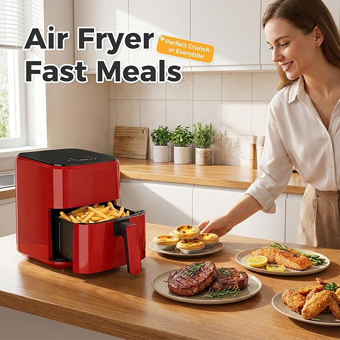 OLIXIS 3QT Air Fryer, Small Air Fryer with Digital PP Touch Panel, 400℉ Max Temp, Overheat Protection and Auto Shut-off, Nonstick and Dishwasher Safe Basket for Roast, Bake, Broil, Reheat, Red
