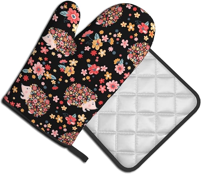 Flowers and Cute Hedgehogs Oven Mitts and Pot Holders Heat Resistant Oven Mitts Safe for Baking Cooking BBQ