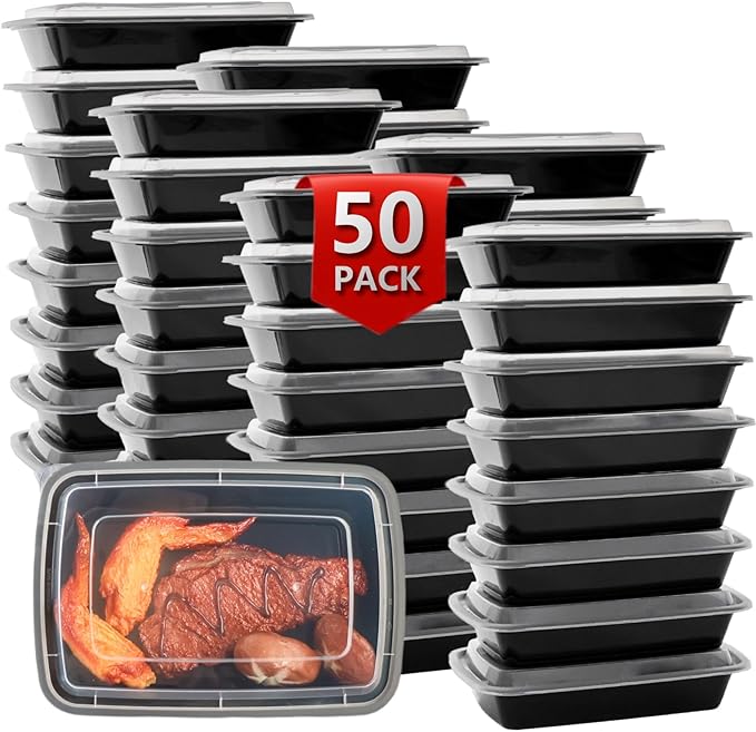 Meal Prep Containers Reusable 50 Pack-28 oz Food Storage Containers with Lids To Go Food Container Takeout, Microwave Dishwasher Freezer Safe, BPA Free, Plastic Containers (Black, Square)