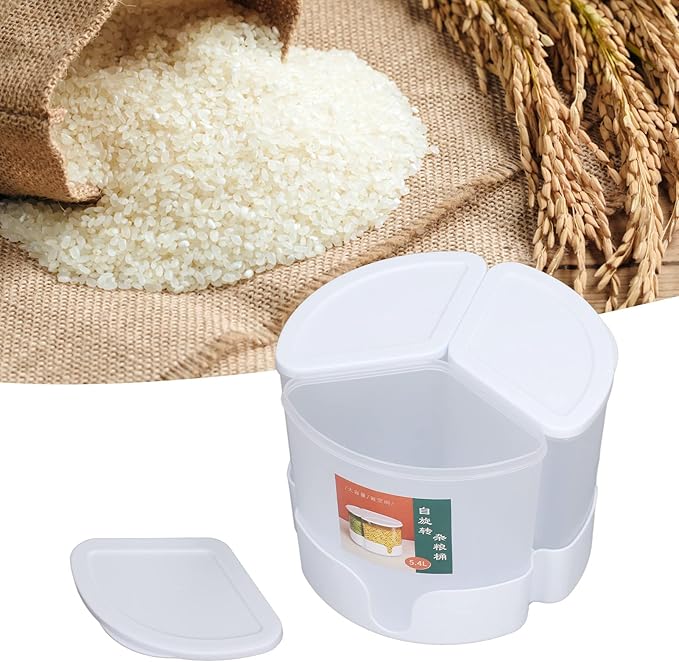 Grain Dispenser,360° Rotating Grain Storage Food Dispenser,3 Compartment Sealed Dry Food Container for Kitchen Counter Storage Organization