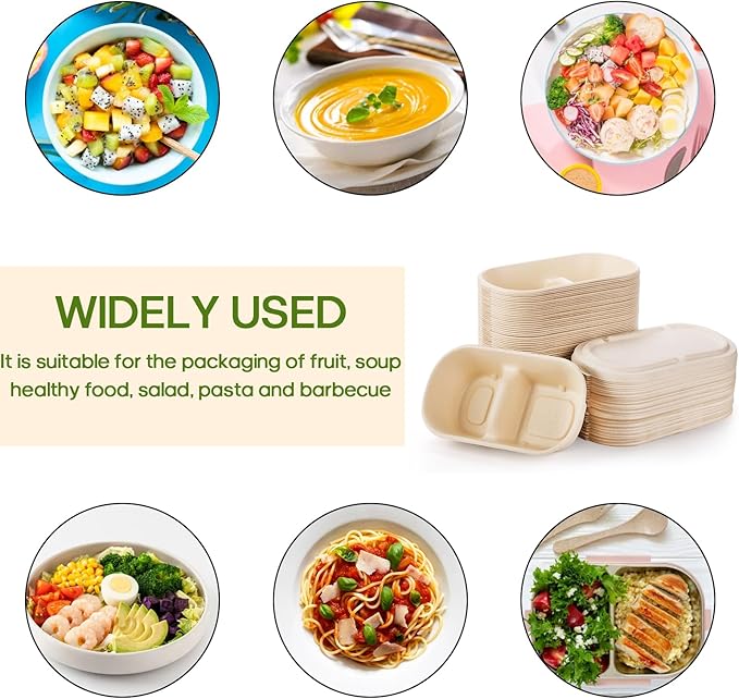 Yesland 50 Pcs Compostable Take Out Food Containers with Lid, 33 oz Bagasse to Go Container 2 Compartment Rectangular Disposable Paper Bowl, Eco-Friendly Meal Prep Food Container for Salad Leftovers