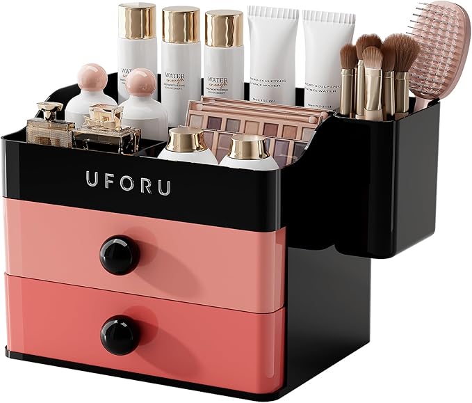 Makeup Organizer for Vanity with Brush Holder, Countertop Skincare Organizer with 2 Drawers, Spacious Cosmetic Display Case for Perfumes, Eyeshadow Palettes, Nail Polishes