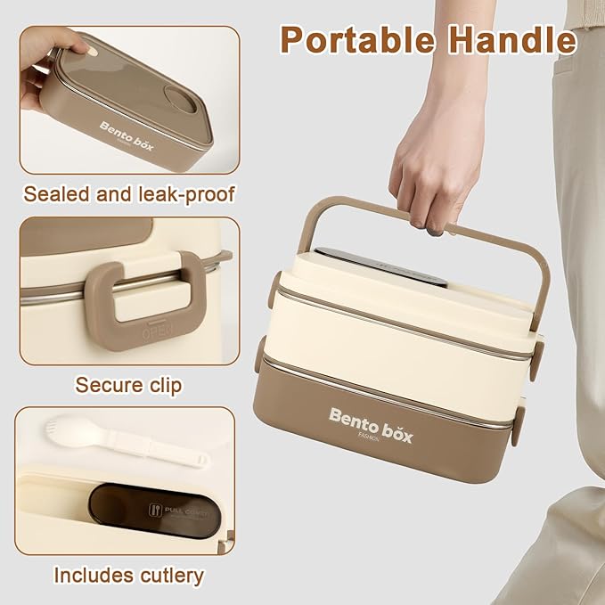 Suteng Double-Layer Bento Box Adult All-in-One Design | 1.4L Stainless Steel Lunch Containers for Adults | Leakproof Microwave-Safe Food Container with Cutlery(Spoon) & Hidden Handle | Brown