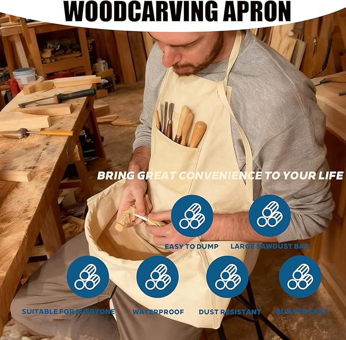 Woodcarving Apron-Work Apron with Brown Leather Chest Patches, Tool Pocket
