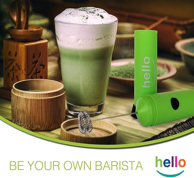 MATCHA DNA HELLO Milk Frother - Double Whisk Head, Handheld Battery Operated Electric Foam Maker For Bulletproof Coffee, Lattes, Cappuccino, Hot Chocolate, Sleek Drink Mixer With Stand (GREEN)