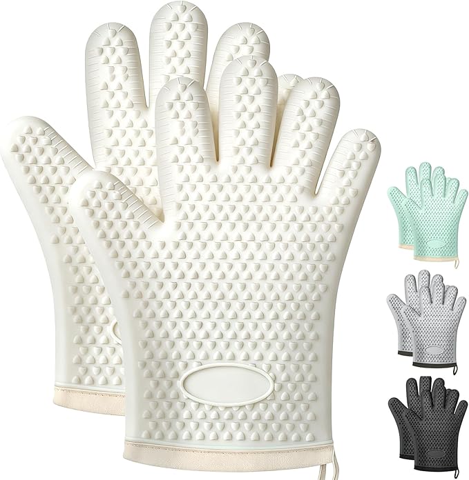 2Pack Heat Resistant Oven Mitts for Grilling and Baking, Non-Slip Silicone Gloves, Waterproof Kitchen Mitts with Flexible Fit & Easy to Clean Design, White