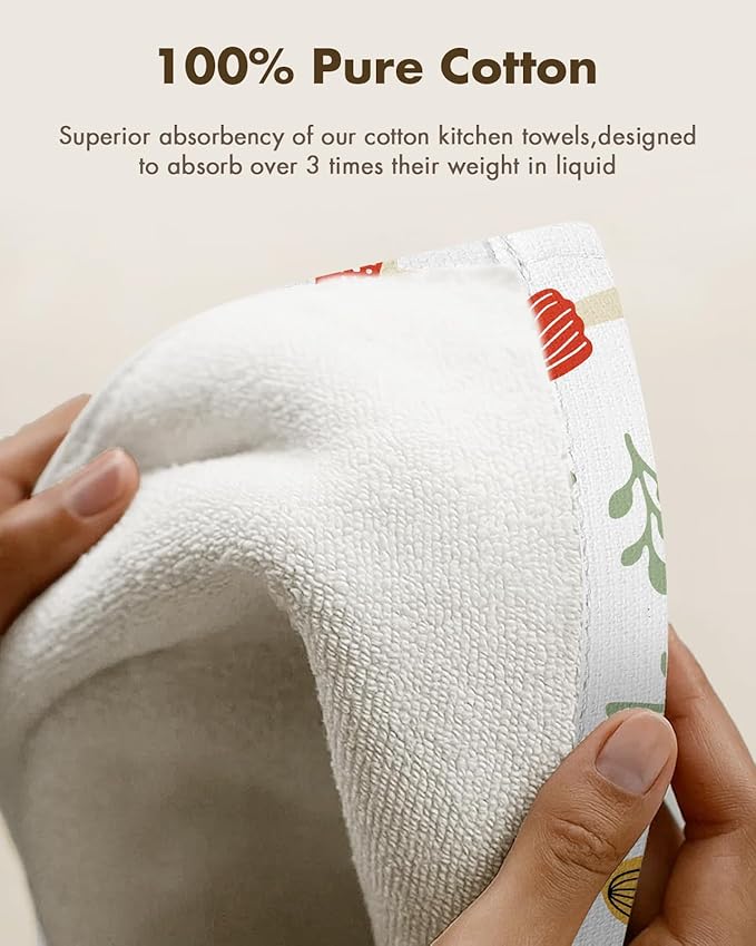 Miss Adola 2pcs Waffle Kitchen Towels - 16x26 Inch Cotton Waffle Weave Dish Cloths Set of 2 with Hanging Loop Absorbent Hand Tea Towels Cute Design for Housewarming Gift, Mushroom