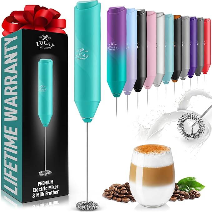 Zulay Kitchen Milk Frother Handheld Battery Operated – Electric Drink Mixer for Coffee, Lattes, Cappuccinos, Matcha & Hot Chocolate – Portable Foam Maker & Coffee Bar Accessory - Cool Tide