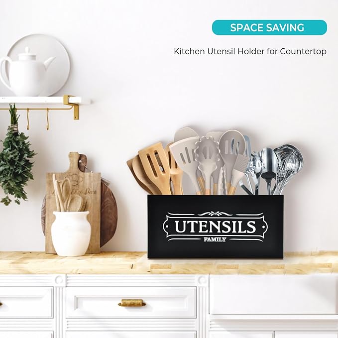 Kitchen Utensil Holder for Countertop, Extra Large Organizers and Storage - Wooden Farmhouse Decor and Utensil Crock for Kitchen Counter, Rustic Countertop Organizer for Cooking Tools(Black)