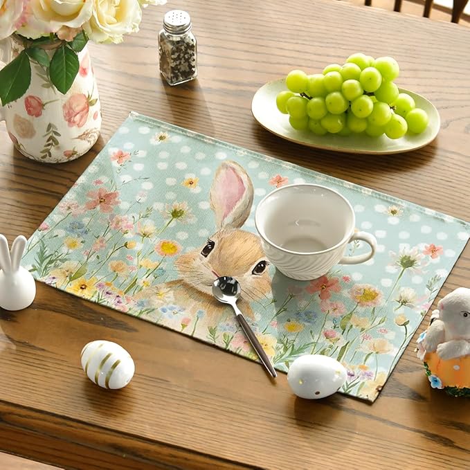 Artoid Mode Blue Bunny Polka Dot Easter Placemats Set of 4, 12x18 Inch Flower Seasonal Spring Holiday Table Mats for Party Kitchen Dining Decoration