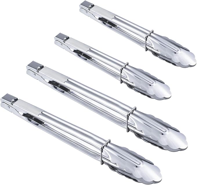 HINMAY Stainless Steel Utility Food Tongs Set Kitchen Metal Tongs for Cooking Grilling Barbecue BBQ and Serving Salad (9 12 Inch 4 Pieces)