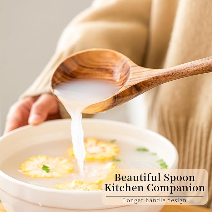 Gudamaye Wooden Soup Ladles, Natural Teak Wooden Spoons, 13 inch Big Deep Ladle for Cooking, Wood Kitchen Utensils Set