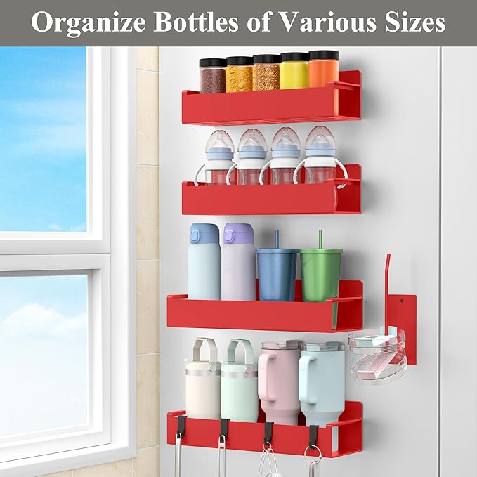 HuggieGems Magnetic Water Bottle Holder for Refrigerator, Cup Holder Organizer for Stanley and Tumbler for Kitchen, 4 Pack, Red
