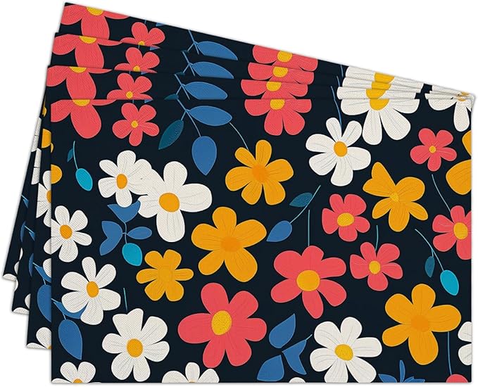 Cotton Linen Waterproof Placemats Set of 4, Wildflower Dining Mat Table Mats Decor Fabric for Kitchen Dinner Coffee Shop Table, Indoor/Outdoor Washable Wipeable Placemat -N035