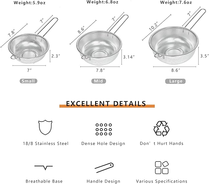 Metal Fine Mesh Strainer and Colander for Kitchen with Handle, Stainless Steel Pasta Strainer/Kitchen Funnel/Collander/Sifter for Strain/Wash Vegetables, Fruits, Spaghetti, Rice (8.6＂)